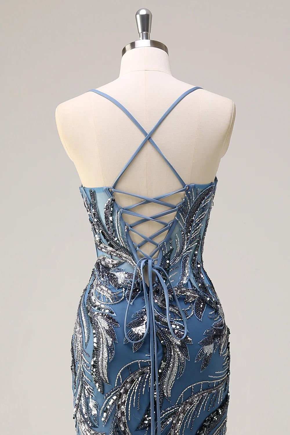 Sparkly Sage Spaghetti Straps Mermaid Long Sequin Formal Dress with Slit