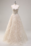 Light Champagne Princess Strapless Floral Corset Long Formal Dress with Sequins