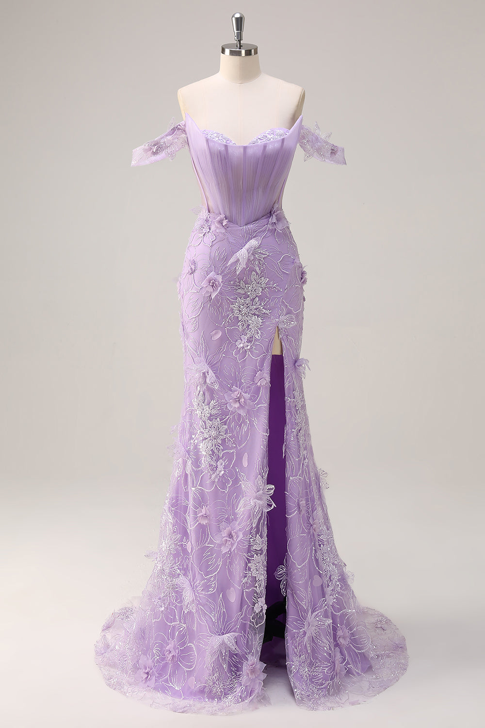Lilac Off the Shoulder Mermaid Long Corset Formal Dress with 3D Flowers