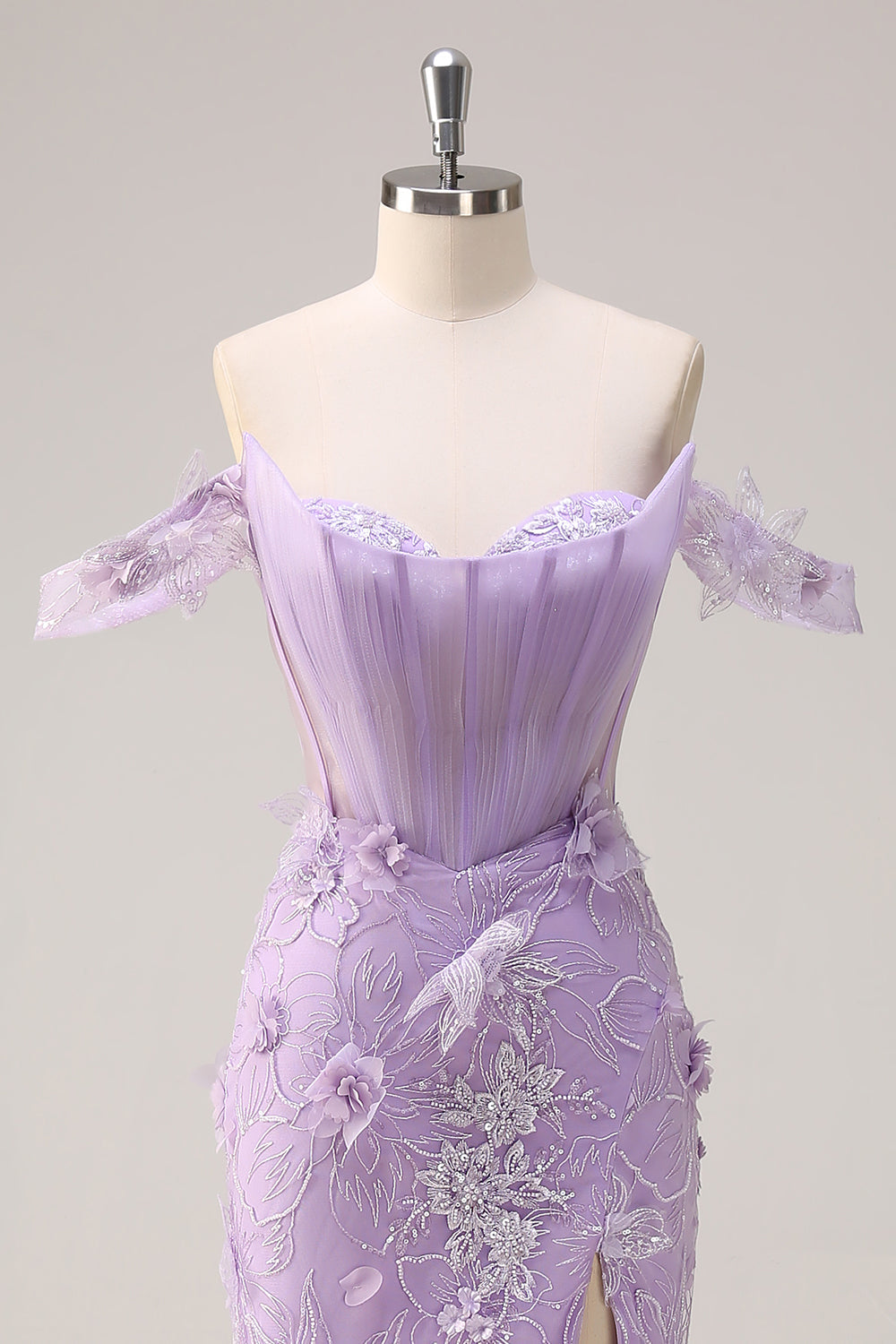 Lilac Off the Shoulder Mermaid Long Corset Formal Dress with 3D Flowers