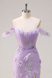 Lilac Off the Shoulder Mermaid Long Corset Formal Dress with 3D Flowers