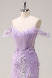 Lilac Off the Shoulder Mermaid Long Corset Formal Dress with 3D Flowers