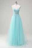 Sky Blue Spaghetti Straps Beaded A-Line Formal Dress with Appliques