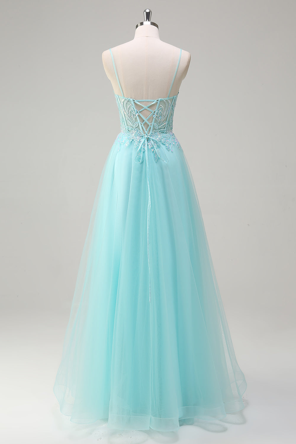 Sky Blue Spaghetti Straps Beaded A-Line Formal Dress with Appliques