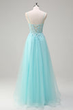 Sky Blue Spaghetti Straps Beaded A-Line Formal Dress with Appliques