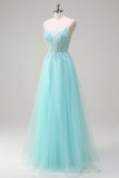 Sky Blue Spaghetti Straps Beaded A-Line Formal Dress with Appliques