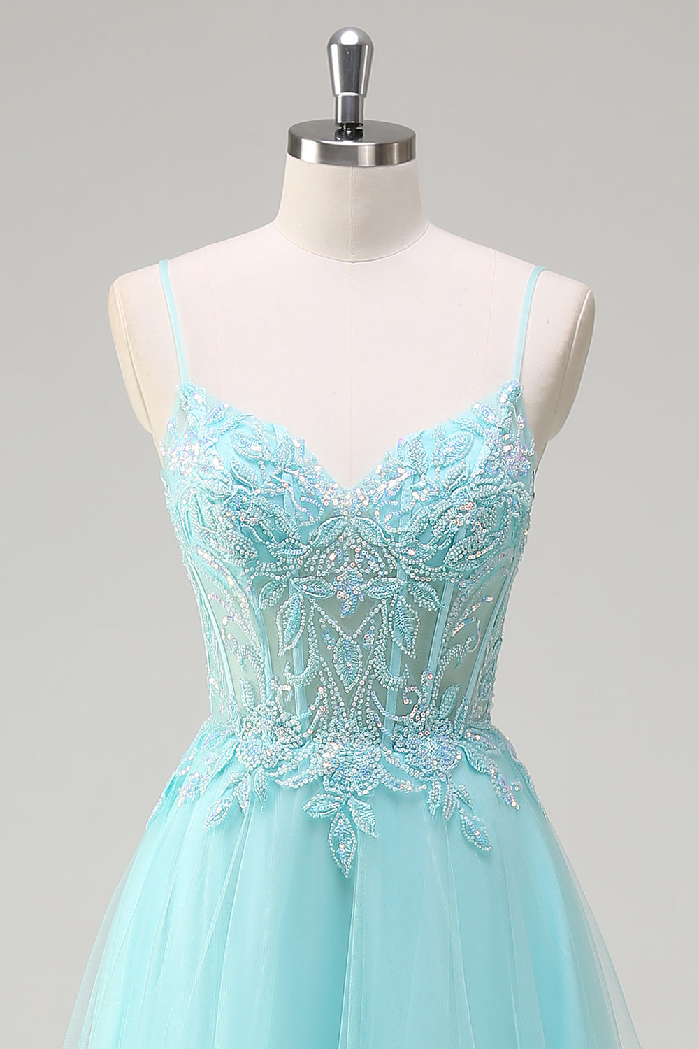 Sky Blue Spaghetti Straps Beaded A-Line Formal Dress with Appliques