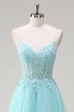Sky Blue Spaghetti Straps Beaded A-Line Formal Dress with Appliques