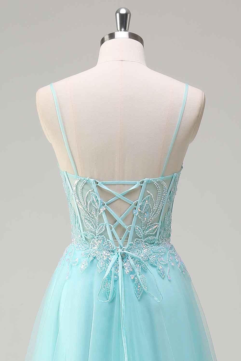 Sky Blue Spaghetti Straps Beaded A-Line Formal Dress with Appliques