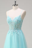 Sky Blue Spaghetti Straps Beaded A-Line Formal Dress with Appliques