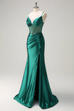 Sparkly Dark Green Mermaid Spaghetti Straps Corset Beaded Long Formal Dress with Slit