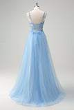 Sparkly Blue A-Line Sheer Corset Lace Up Back Long Formal Dress with Slit
