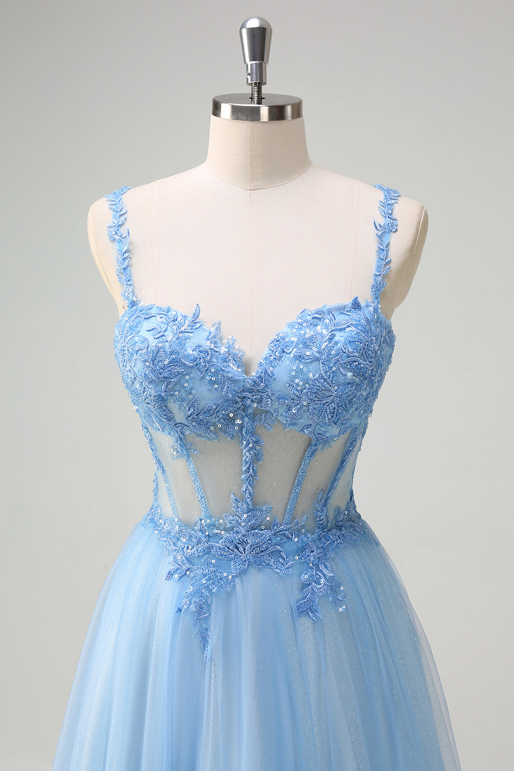 Sparkly Blue A-Line Sheer Corset Lace Up Back Long Formal Dress with Slit