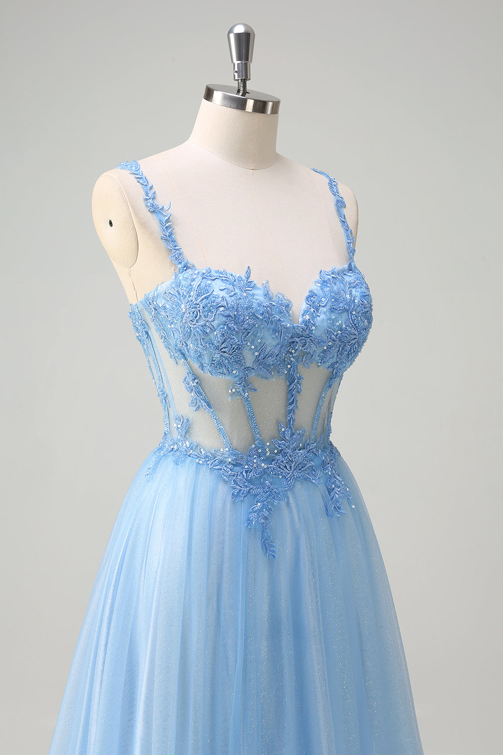 Sparkly Blue A-Line Sheer Corset Lace Up Back Long Formal Dress with Slit