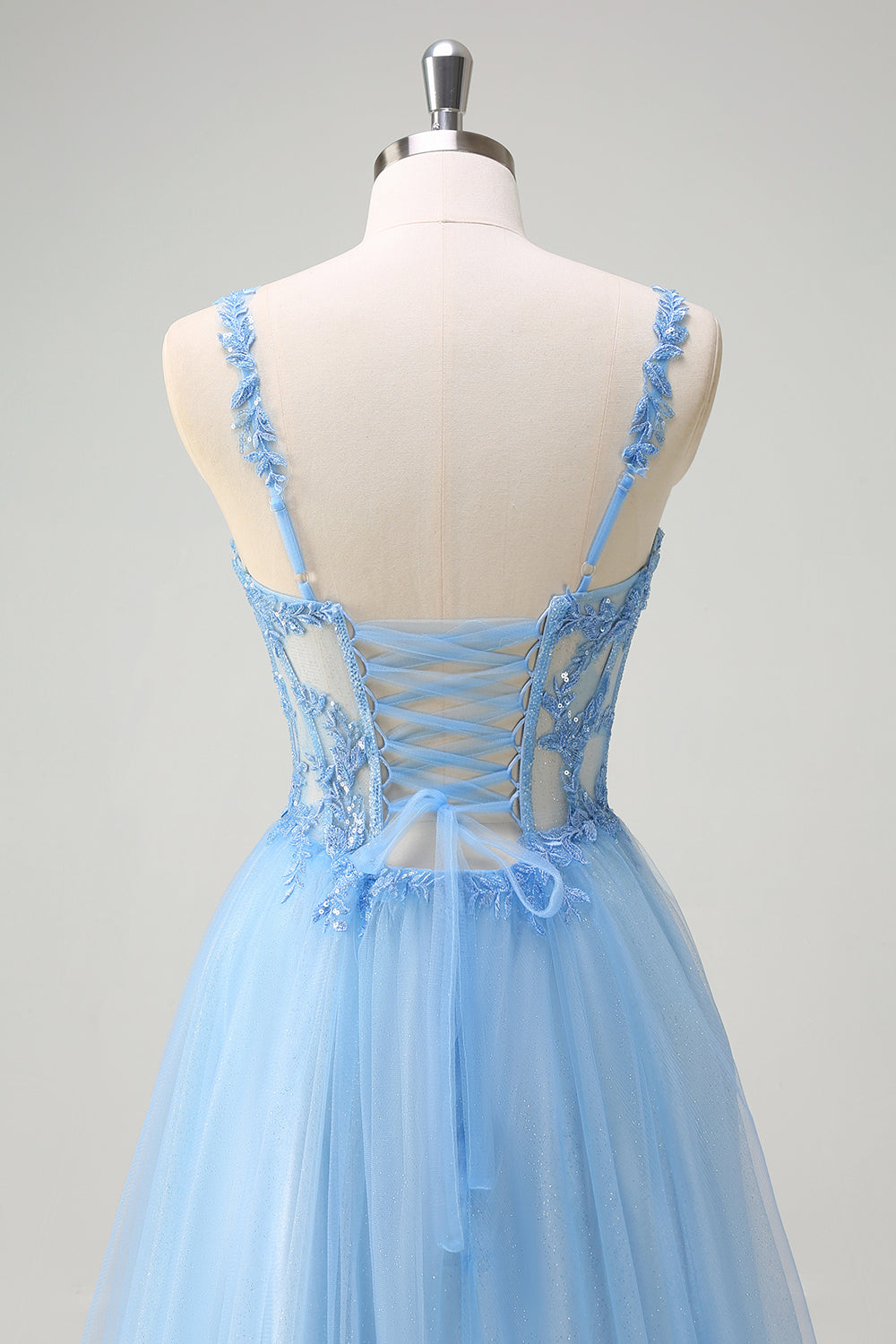 Sparkly Blue A-Line Sheer Corset Lace Up Back Long Formal Dress with Slit