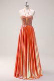 Sparkly Orange A-Line Halter Beaded Metallic Long Formal Dress with Beading