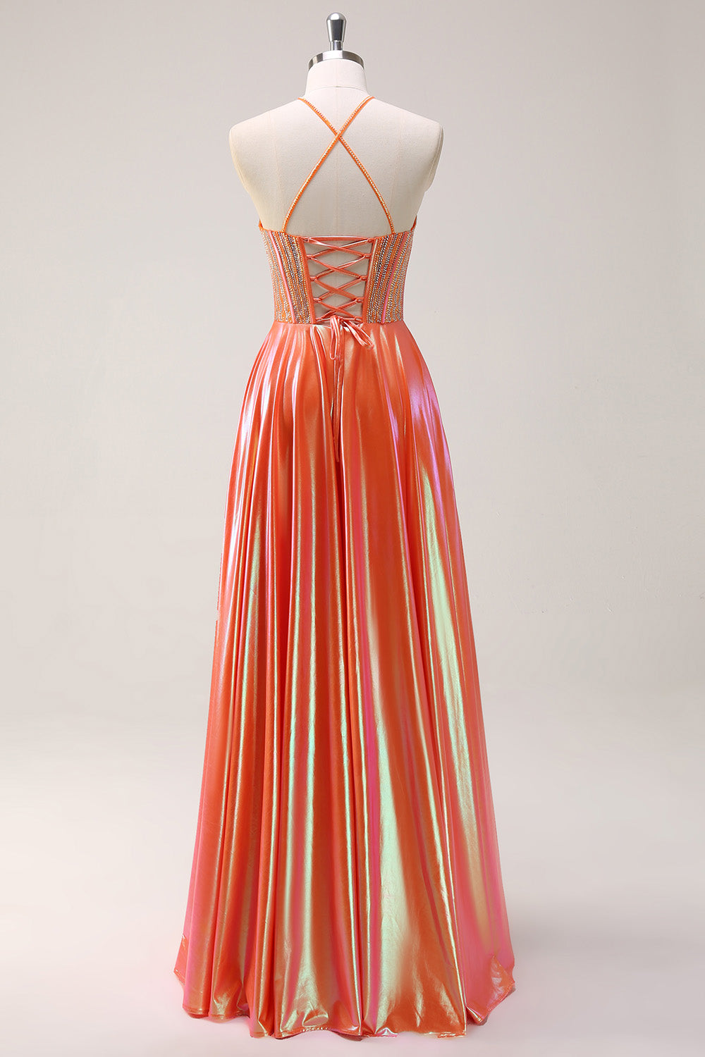 Sparkly Orange A-Line Halter Beaded Metallic Long Formal Dress with Beading