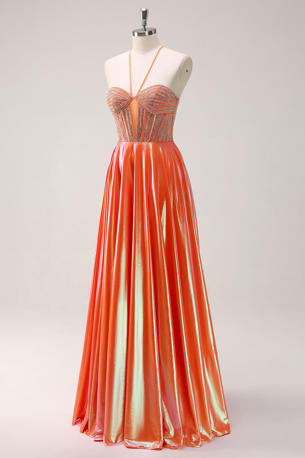 Sparkly Orange A-Line Halter Beaded Metallic Long Formal Dress with Beading