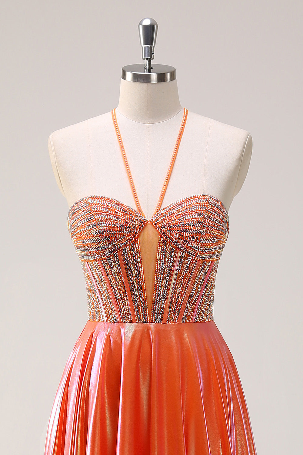Sparkly Orange A-Line Halter Beaded Metallic Long Formal Dress with Beading