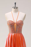 Sparkly Orange A-Line Halter Beaded Metallic Long Formal Dress with Beading