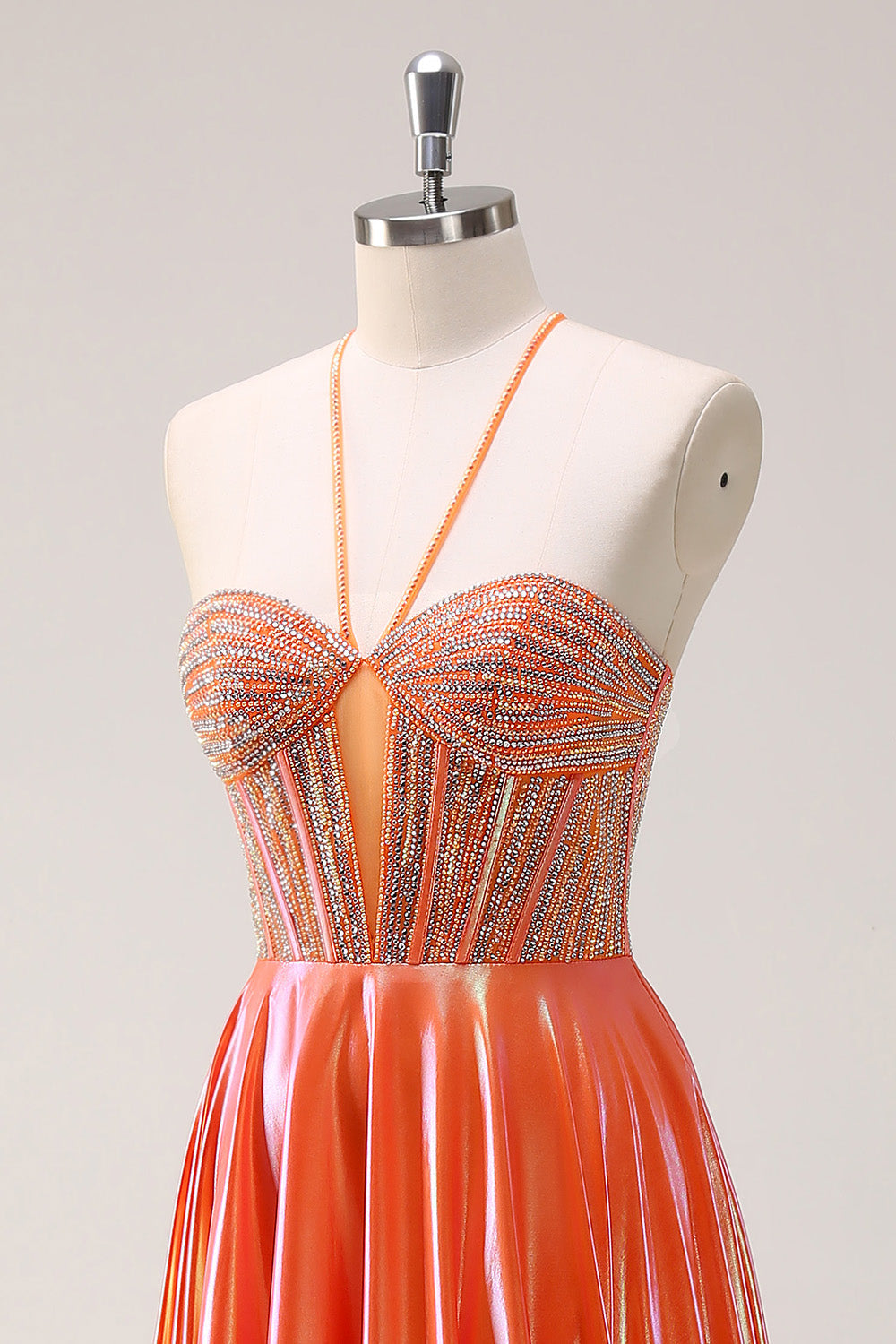 Sparkly Orange A-Line Halter Beaded Metallic Long Formal Dress with Beading