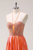 Sparkly Orange A-Line Halter Beaded Metallic Long Formal Dress with Beading