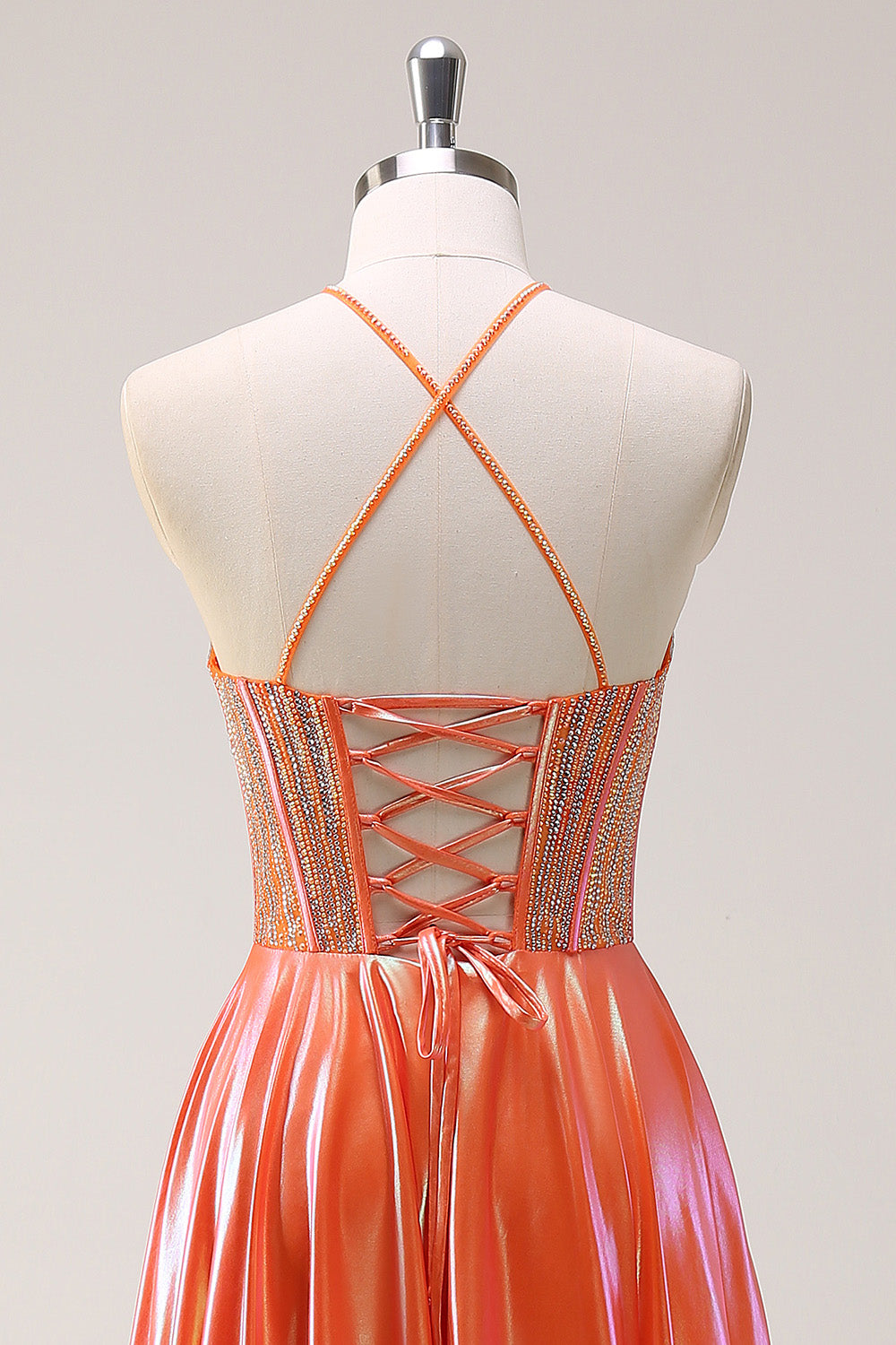 Sparkly Orange A-Line Halter Beaded Metallic Long Formal Dress with Beading