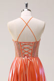 Sparkly Orange A-Line Halter Beaded Metallic Long Formal Dress with Beading