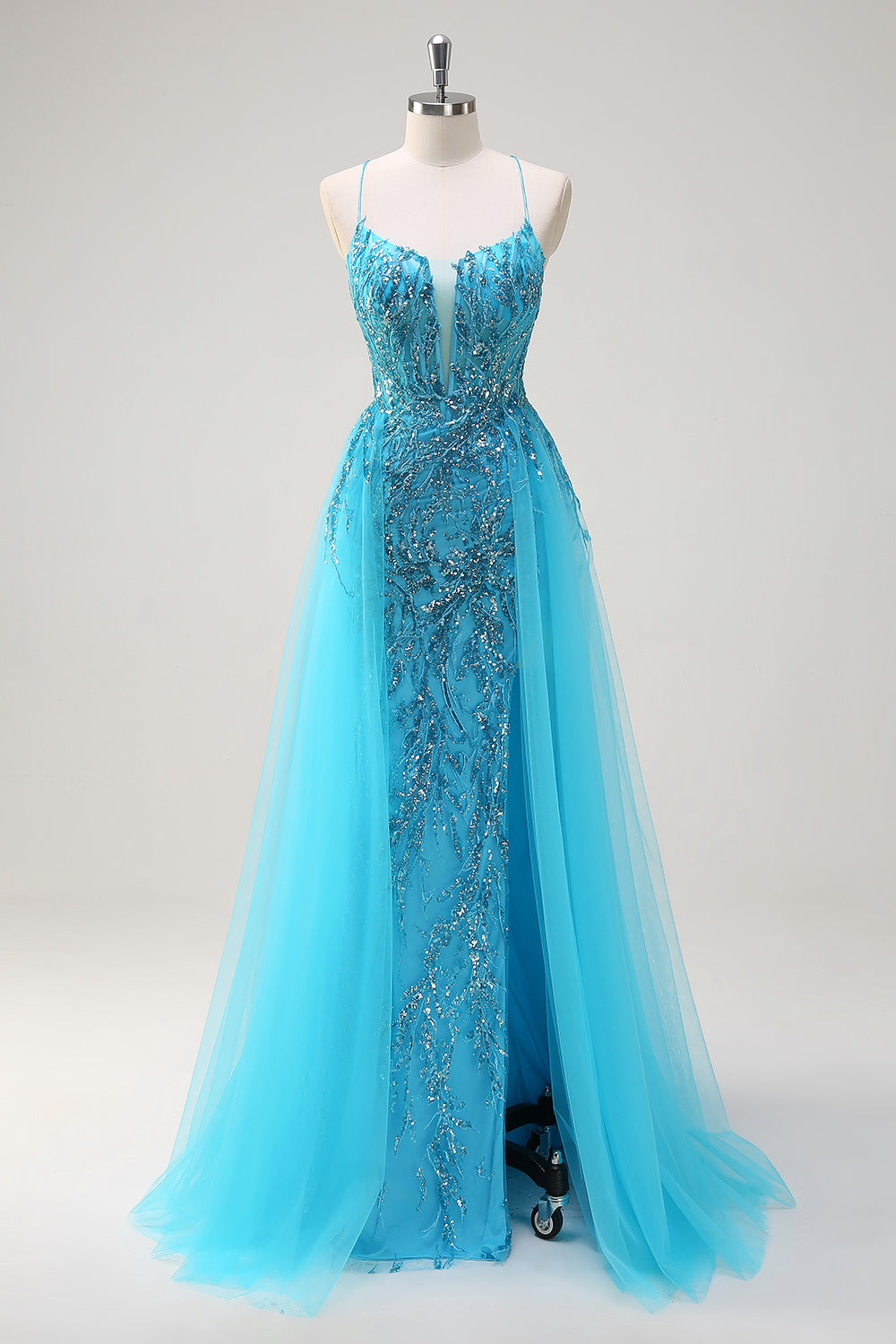 Sparkly Blue Spaghetti Straps Sequin Long Formal Dress with Side Cape