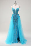 Sparkly Blue Spaghetti Straps Sequin Long Formal Dress with Side Cape