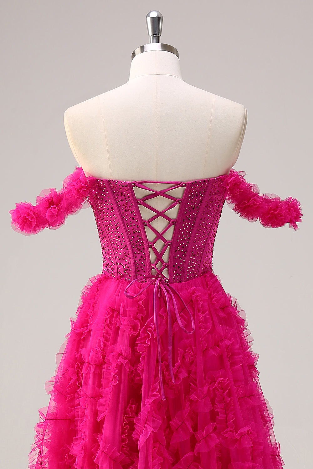 Fuchsia A-Line Tiered Off the Shoulder Long Corset Formal Dress with Beading