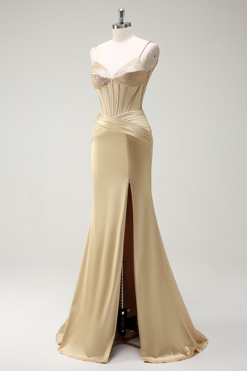 Sparkly Mermaid Spaghetti Straps Golden Corset Long Formal Dress with Slit