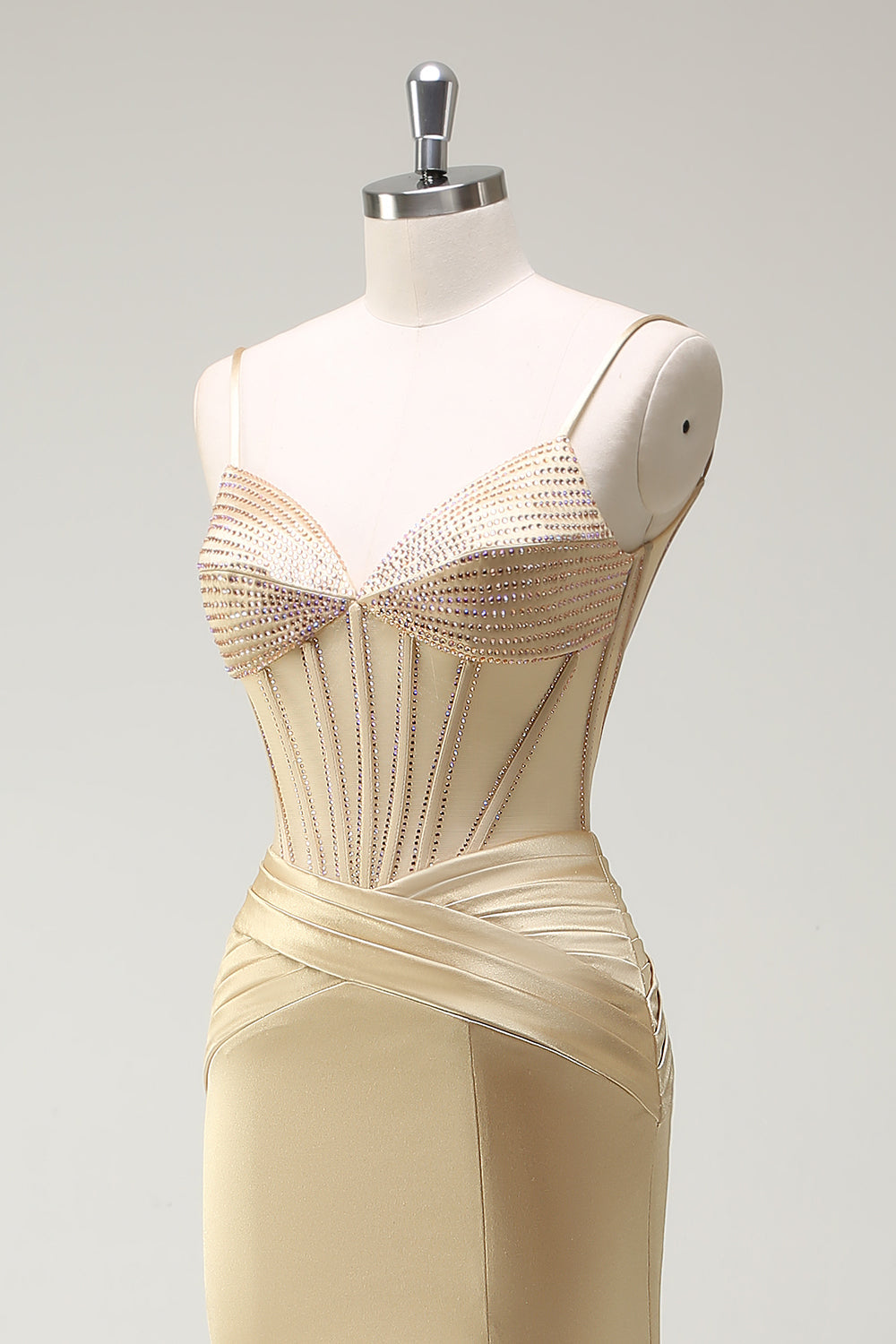 Sparkly Mermaid Spaghetti Straps Golden Corset Long Formal Dress with Slit