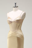 Sparkly Mermaid Spaghetti Straps Golden Corset Long Formal Dress with Slit