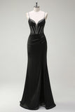Black Mermaid Spaghetti Straps Corset Long Formal Dress With Slit
