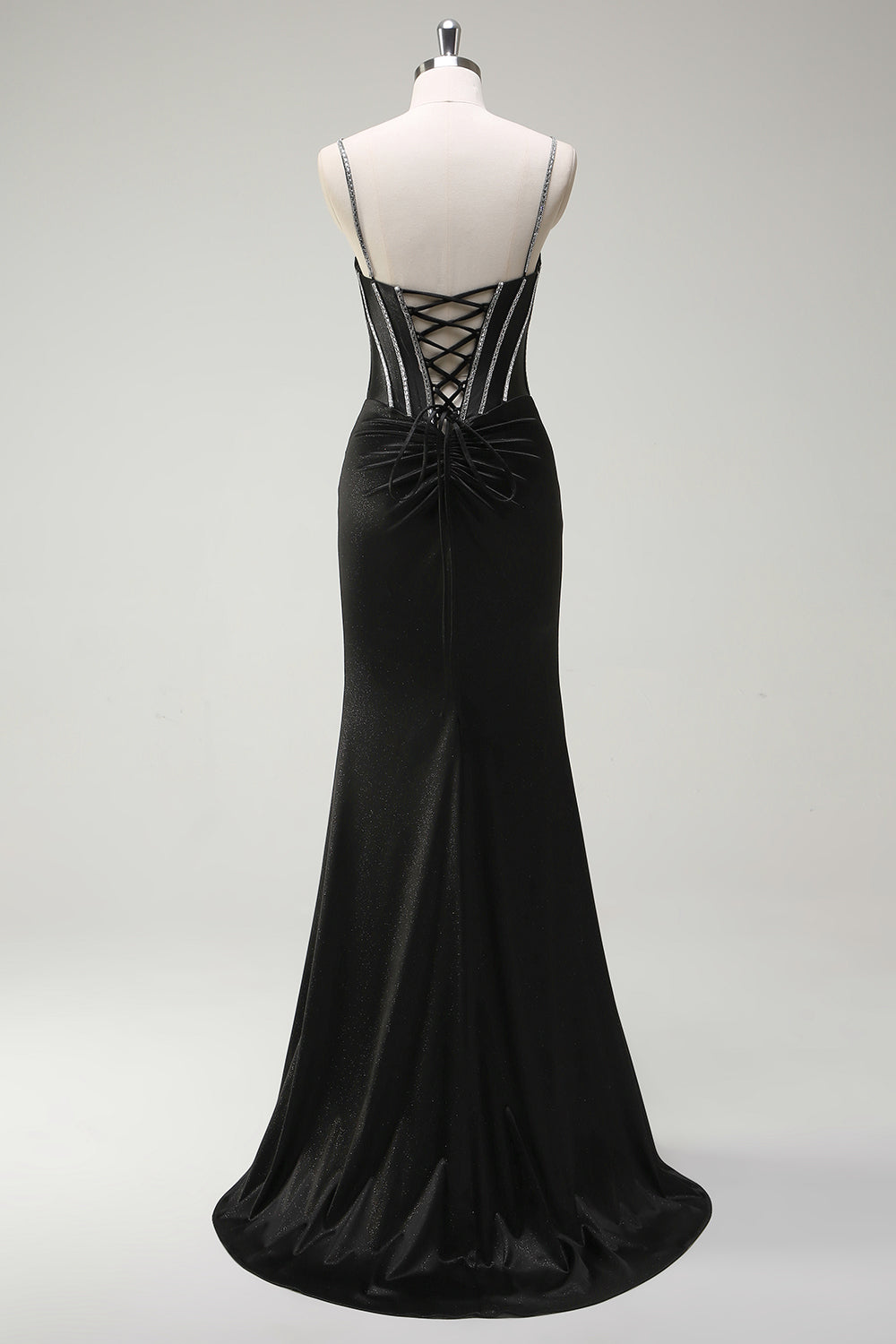 Black Mermaid Spaghetti Straps Corset Long Formal Dress With Slit