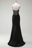 Black Mermaid Spaghetti Straps Corset Long Formal Dress With Slit