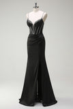 Black Mermaid Spaghetti Straps Corset Long Formal Dress With Slit