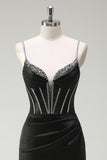 Black Mermaid Spaghetti Straps Corset Long Formal Dress With Slit