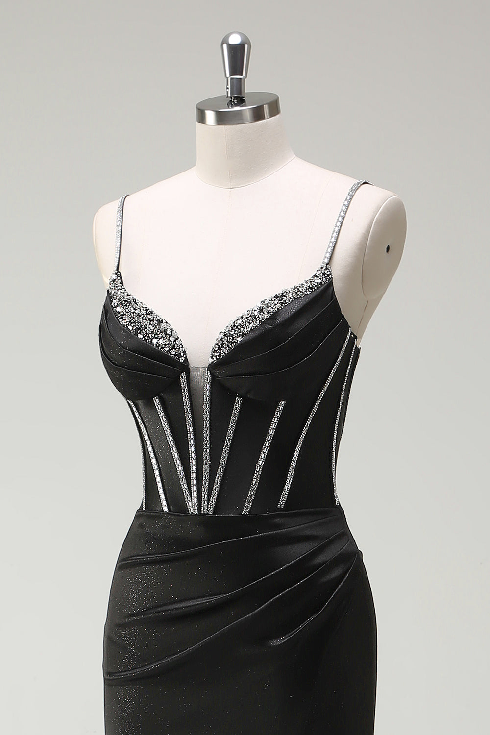 Black Mermaid Spaghetti Straps Corset Long Formal Dress With Slit