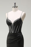 Black Mermaid Spaghetti Straps Corset Long Formal Dress With Slit