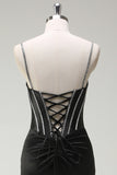 Black Mermaid Spaghetti Straps Corset Long Formal Dress With Slit
