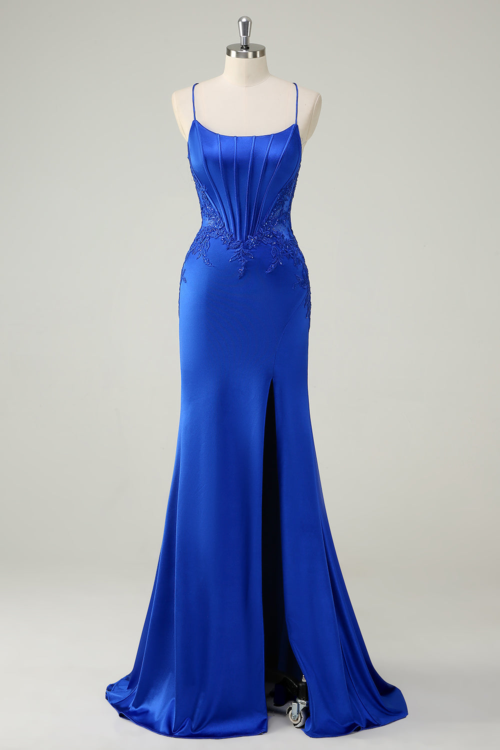 Royal Blue Mermaid Corset Spaghetti Straps Appliqued Long Formal Dress