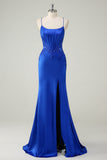Royal Blue Mermaid Corset Spaghetti Straps Appliqued Long Formal Dress