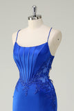 Royal Blue Mermaid Corset Spaghetti Straps Appliqued Long Formal Dress