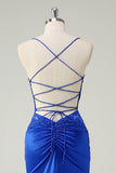 Royal Blue Mermaid Corset Spaghetti Straps Appliqued Long Formal Dress