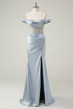 Dusty Blue Mermaid Corset Off The Shoulder Long Formal Dress With Slit