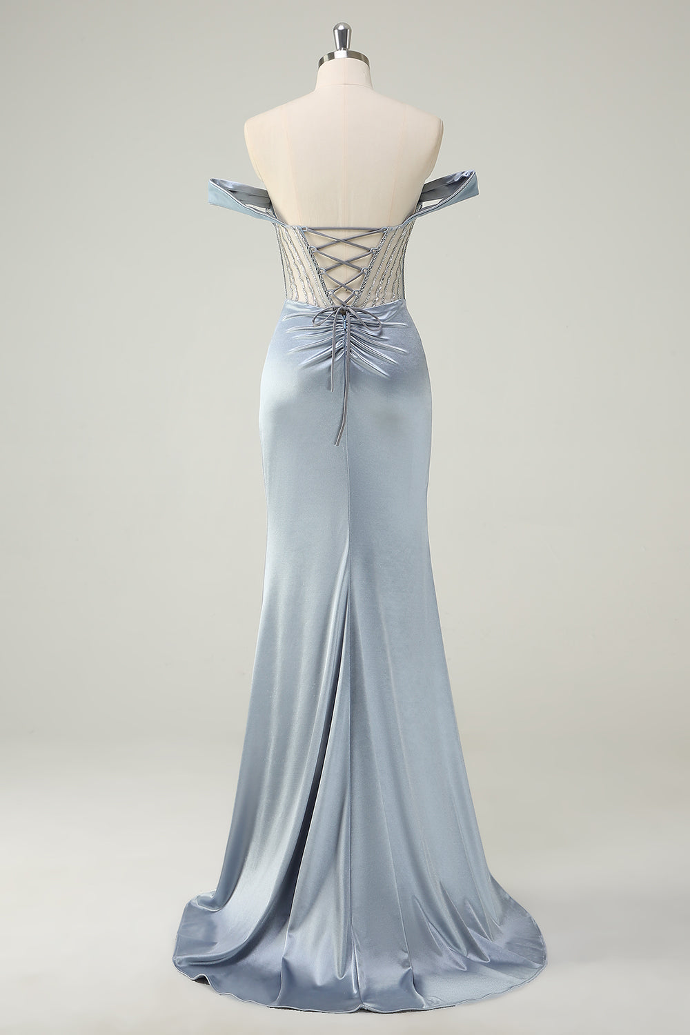 Dusty Blue Mermaid Corset Off The Shoulder Long Formal Dress With Slit
