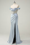Dusty Blue Mermaid Corset Off The Shoulder Long Formal Dress With Slit