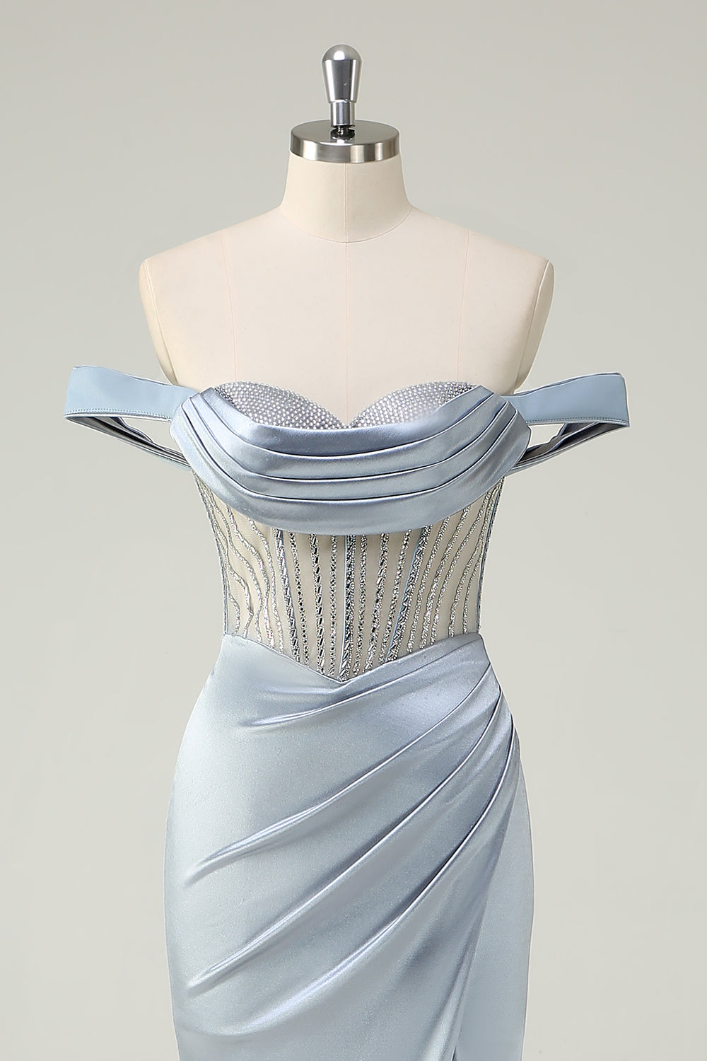 Dusty Blue Mermaid Corset Off The Shoulder Long Formal Dress With Slit